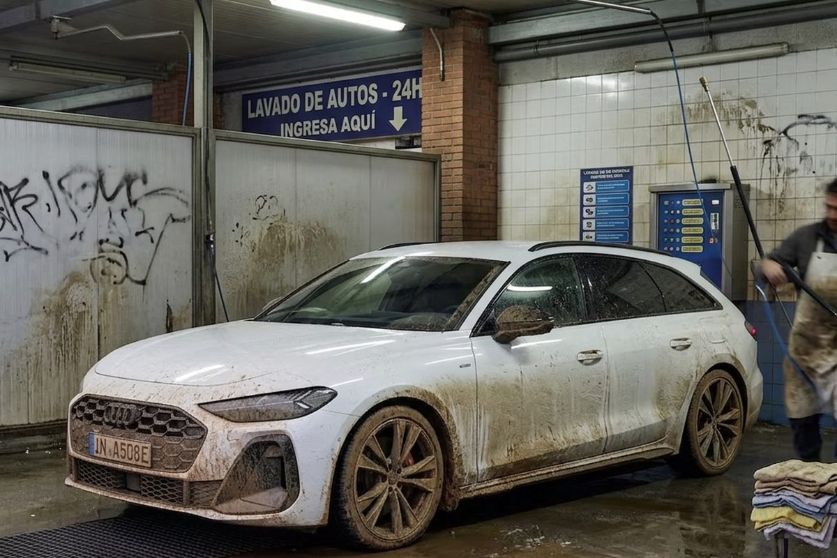 Coche familiar blanco con barro en los laterales y las llantas